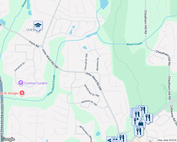 map of restaurants, bars, coffee shops, grocery stores, and more near 1570 Hascall Drive Southwest in Marietta