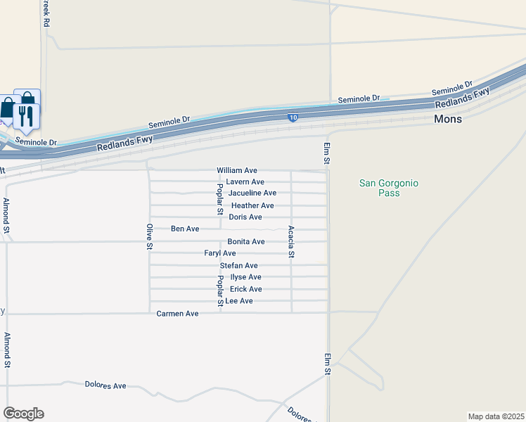 map of restaurants, bars, coffee shops, grocery stores, and more near Heather Avenue in Cabazon