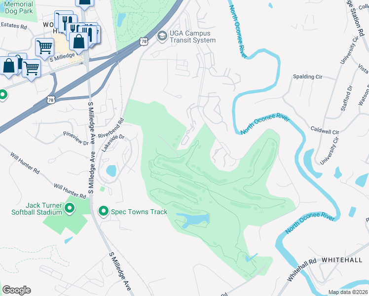 map of restaurants, bars, coffee shops, grocery stores, and more near 205 Woodstone Drive in Athens