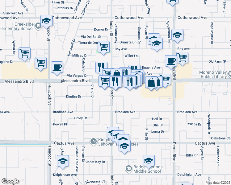 map of restaurants, bars, coffee shops, grocery stores, and more near 24549 Alessandro Boulevard in Moreno Valley