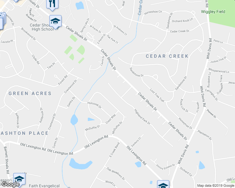 map of restaurants, bars, coffee shops, grocery stores, and more near 141 Highland Park Drive in Athens