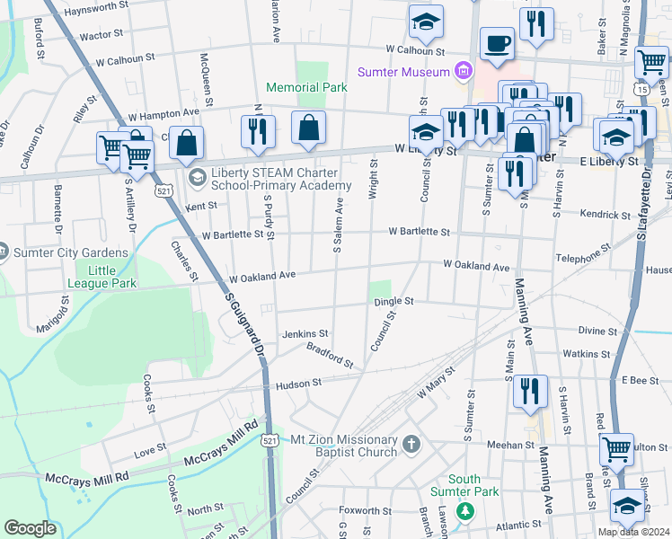 map of restaurants, bars, coffee shops, grocery stores, and more near 501 West Oakland Avenue in Sumter