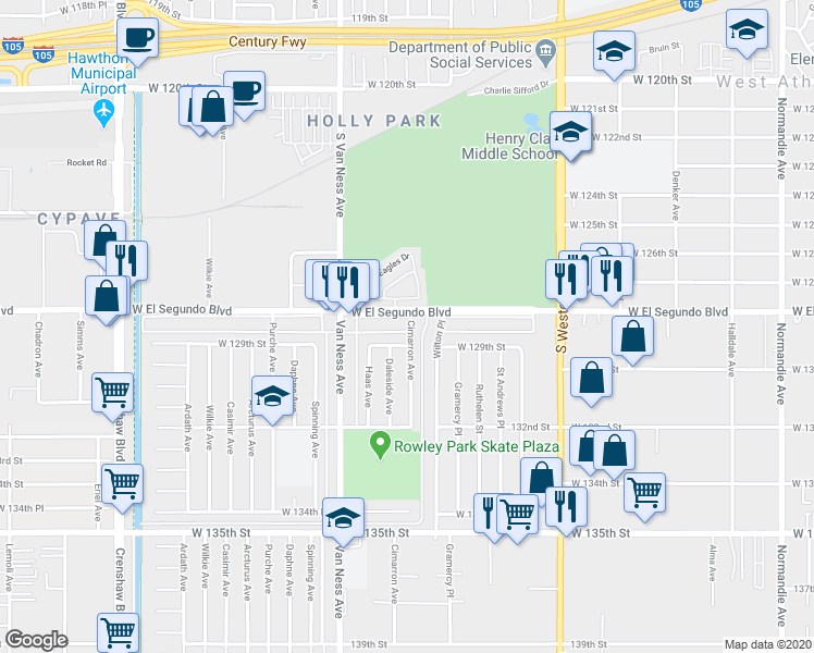 map of restaurants, bars, coffee shops, grocery stores, and more near 12909 Cimarron Avenue in Gardena