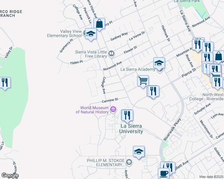 map of restaurants, bars, coffee shops, grocery stores, and more near 11656 Doverwood Drive in Riverside