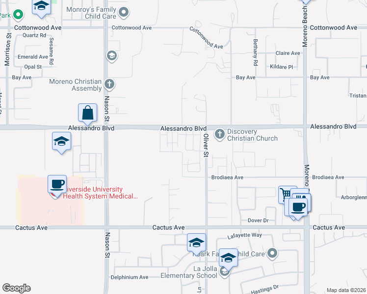map of restaurants, bars, coffee shops, grocery stores, and more near 14077 Shayna Street in Moreno Valley