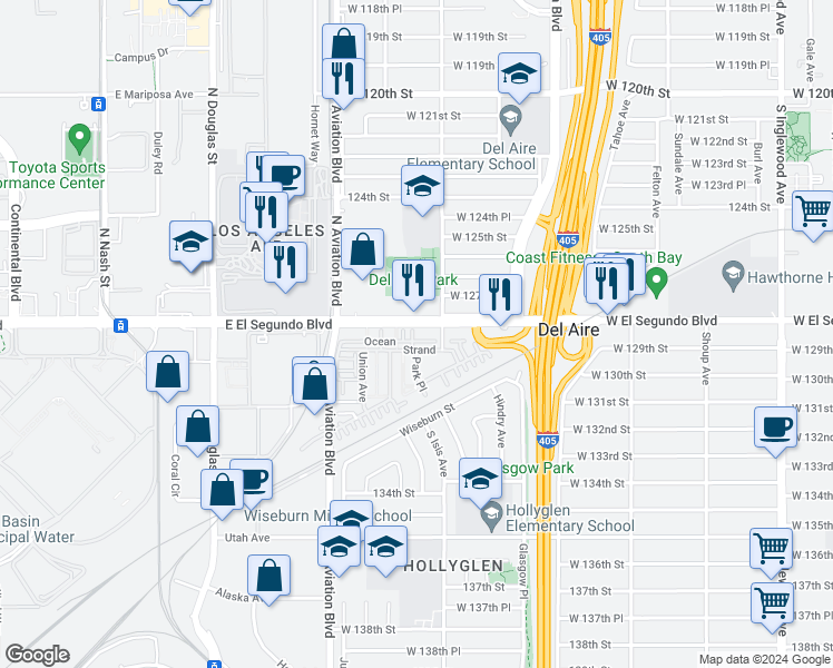 map of restaurants, bars, coffee shops, grocery stores, and more near 12822 Manhattan Court in Hawthorne