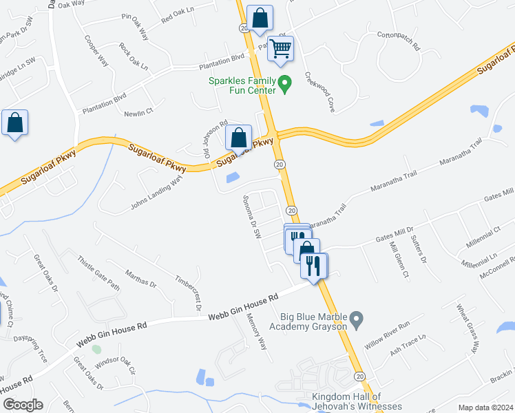 map of restaurants, bars, coffee shops, grocery stores, and more near 497 Glen Terra Trce in Lawrenceville