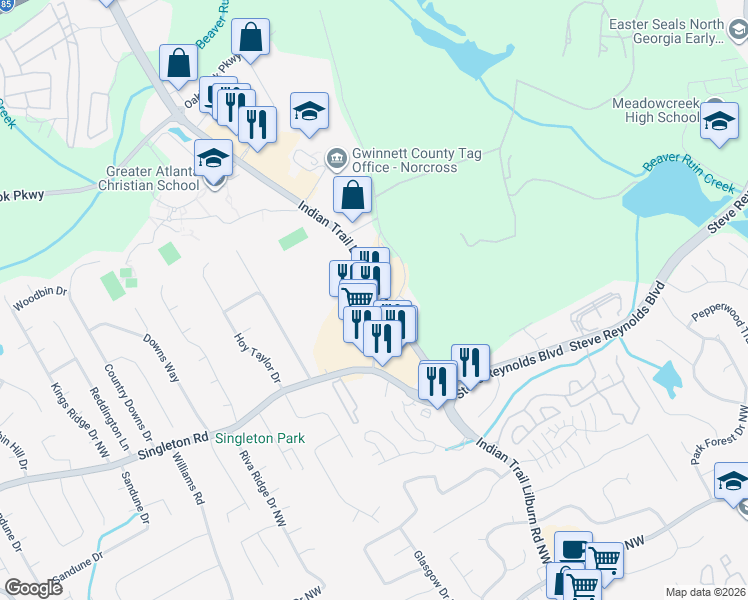 map of restaurants, bars, coffee shops, grocery stores, and more near 1295 Indian Trail Lilburn Rd in Norcross