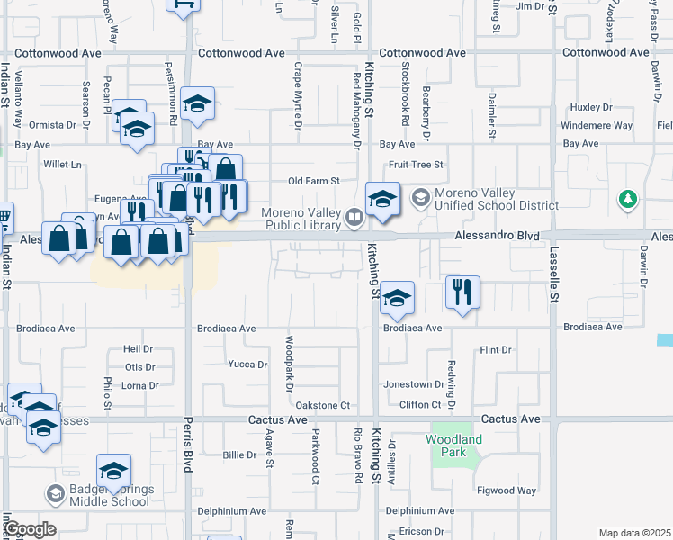 map of restaurants, bars, coffee shops, grocery stores, and more near 25335 Alessandro Boulevard in Moreno Valley
