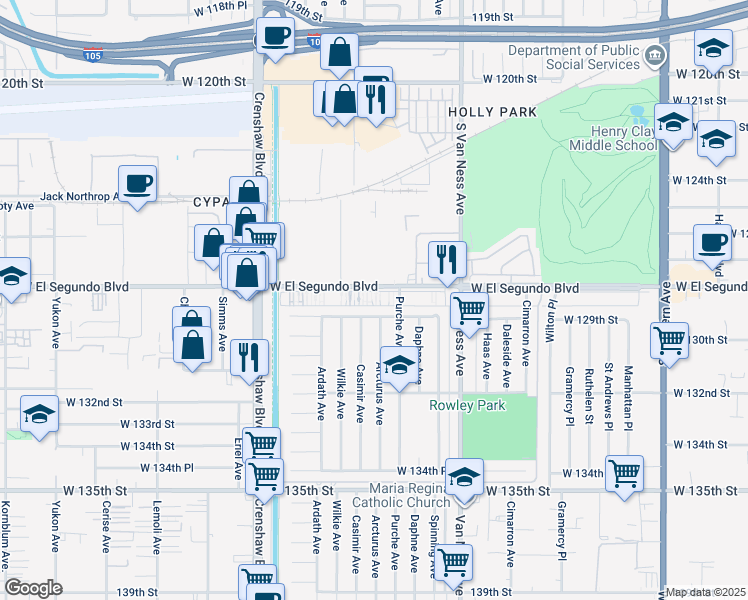 map of restaurants, bars, coffee shops, grocery stores, and more near 2604 West El Segundo Boulevard in Gardena