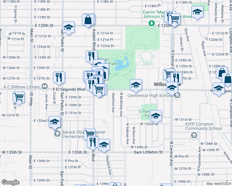 map of restaurants, bars, coffee shops, grocery stores, and more near 12808 Stanford Avenue in Los Angeles