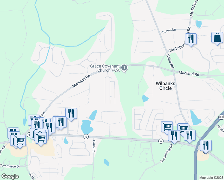 map of restaurants, bars, coffee shops, grocery stores, and more near 890 Macland Road in Dallas