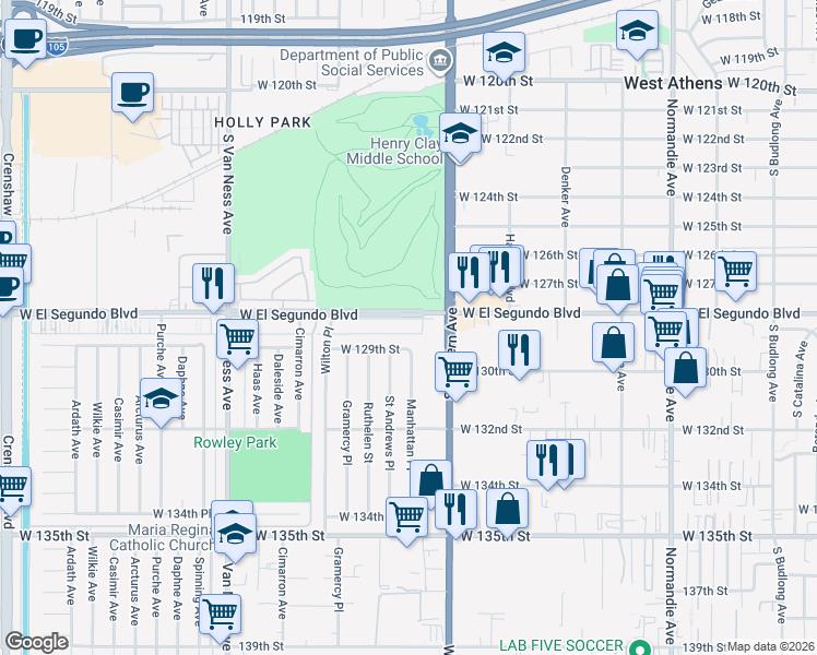 map of restaurants, bars, coffee shops, grocery stores, and more near 1822 West El Segundo Boulevard in Gardena