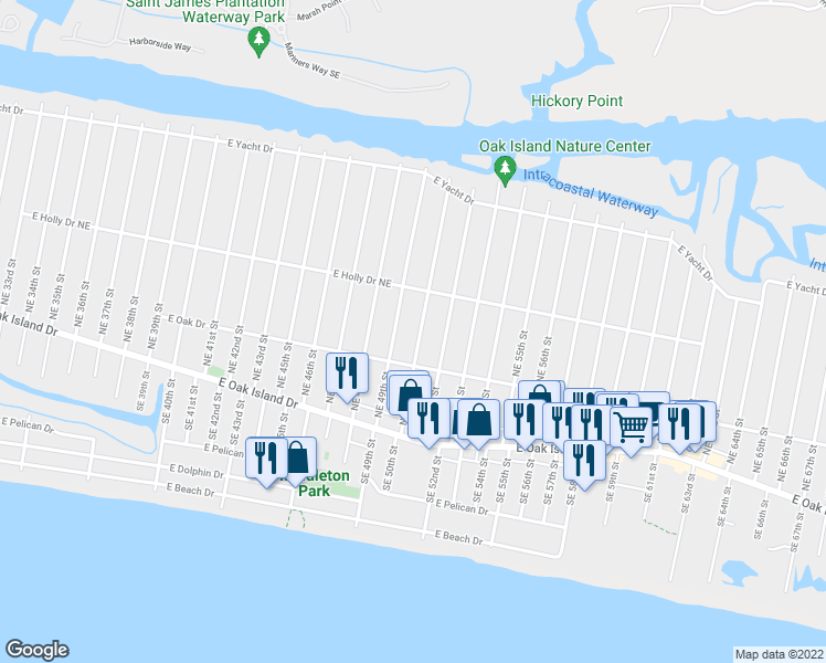 map of restaurants, bars, coffee shops, grocery stores, and more near 213 Northeast 50th Street in Oak Island