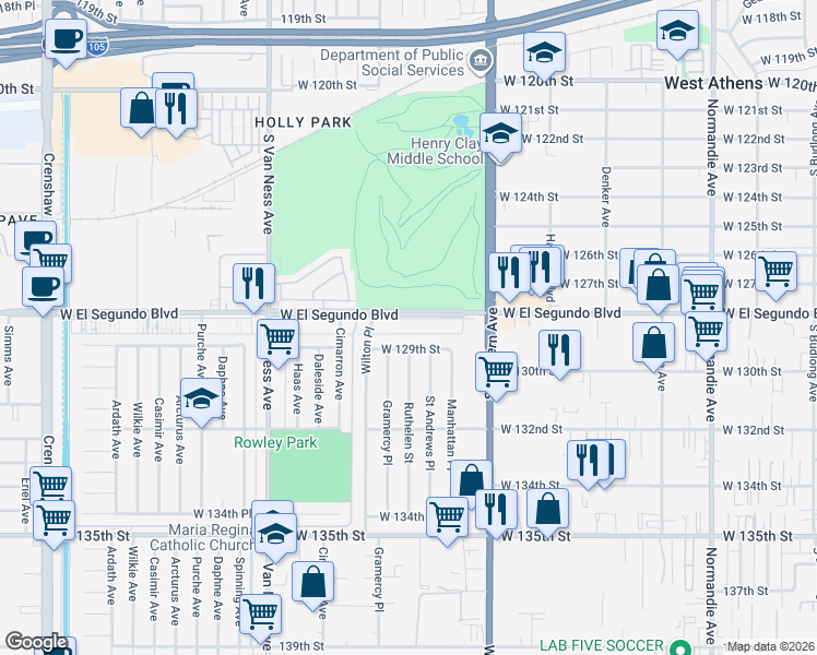 map of restaurants, bars, coffee shops, grocery stores, and more near 1918 West El Segundo Boulevard in Gardena