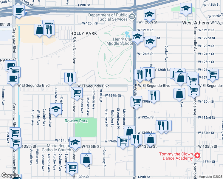 map of restaurants, bars, coffee shops, grocery stores, and more near 1922 West El Segundo Boulevard in Gardena