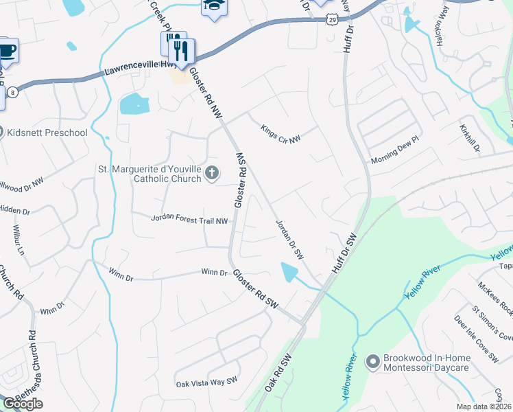 map of restaurants, bars, coffee shops, grocery stores, and more near 440 Hulan Way in Lawrenceville