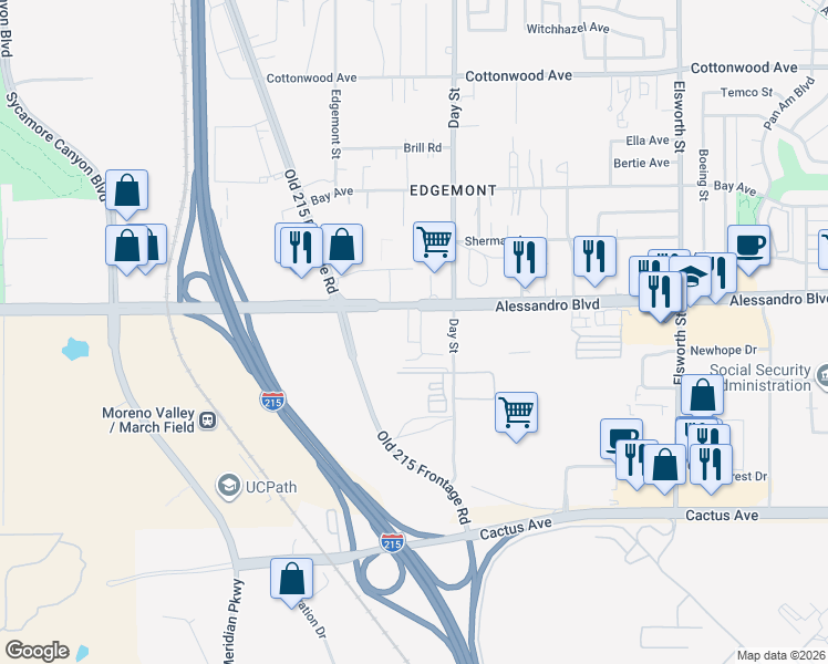 map of restaurants, bars, coffee shops, grocery stores, and more near 21921 Alessandro Boulevard in Moreno Valley