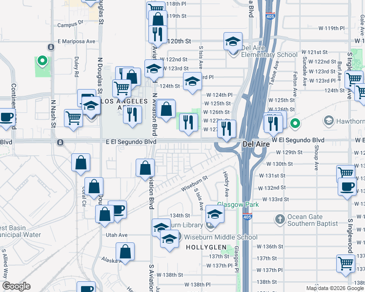 map of restaurants, bars, coffee shops, grocery stores, and more near 2525 East El Segundo Boulevard in El Segundo