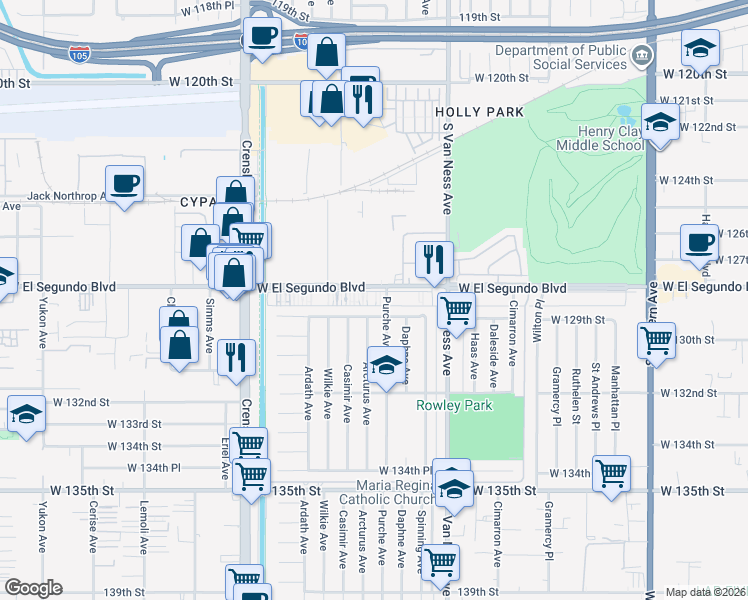 map of restaurants, bars, coffee shops, grocery stores, and more near 2508 West El Segundo Boulevard in Gardena