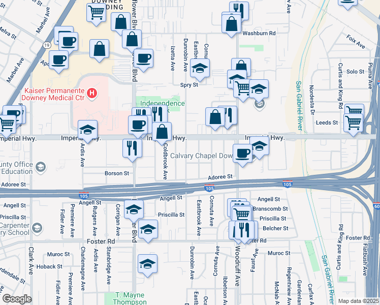 map of restaurants, bars, coffee shops, grocery stores, and more near 12612 Dunrobin Avenue in Downey