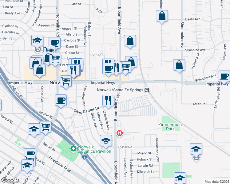 map of restaurants, bars, coffee shops, grocery stores, and more near 12802 Bloomfield Avenue in Norwalk
