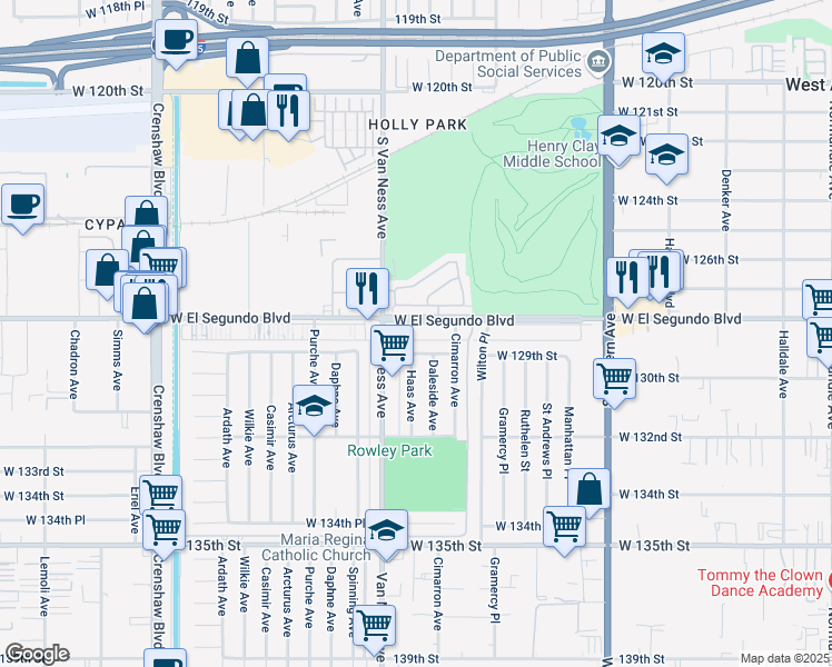 map of restaurants, bars, coffee shops, grocery stores, and more near 2130 West El Segundo Boulevard in Gardena