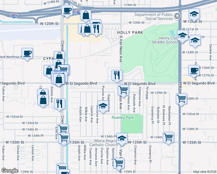 map of restaurants, bars, coffee shops, grocery stores, and more near 2404 West El Segundo Boulevard in Gardena