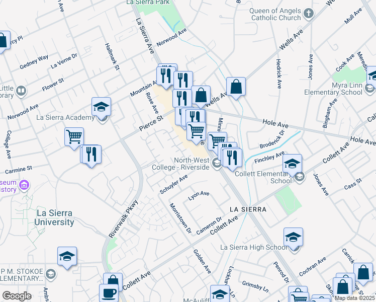 map of restaurants, bars, coffee shops, grocery stores, and more near 11146 Gardenhurst Court in Riverside