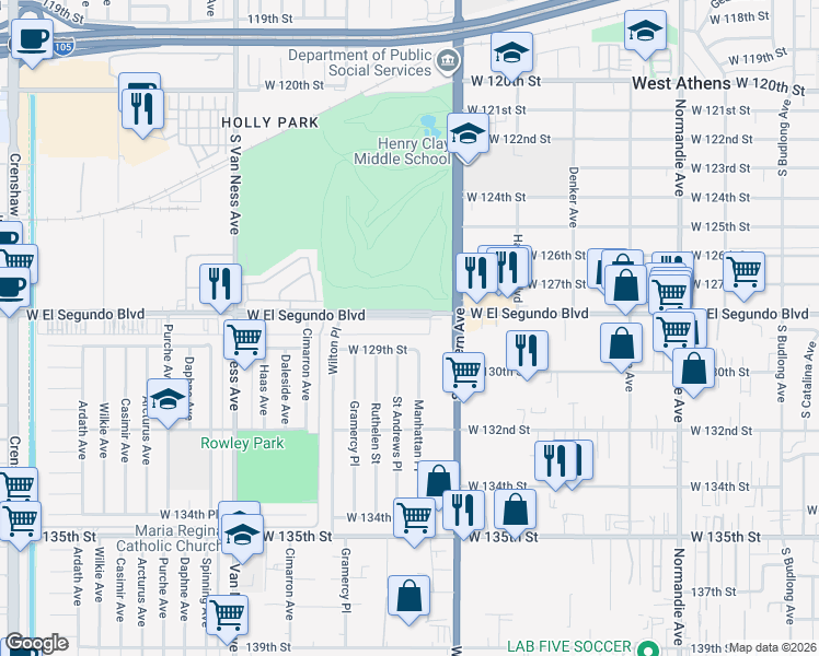 map of restaurants, bars, coffee shops, grocery stores, and more near 1830 West El Segundo Boulevard in Gardena