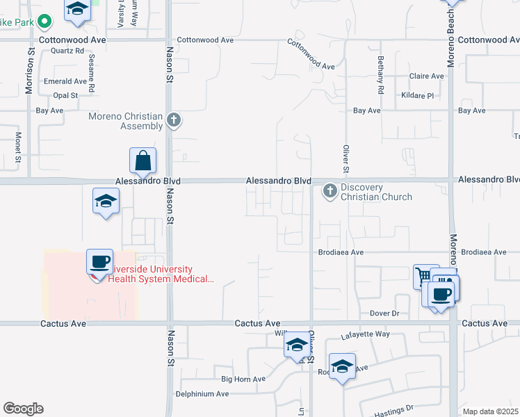 map of restaurants, bars, coffee shops, grocery stores, and more near 14070 Carina Street in Moreno Valley