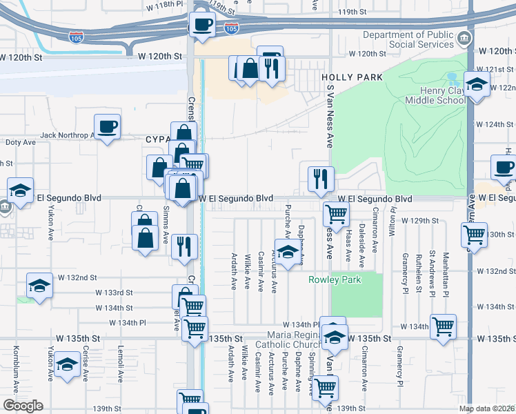 map of restaurants, bars, coffee shops, grocery stores, and more near in Hawthorne