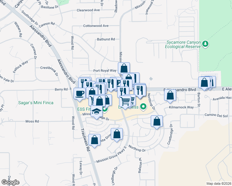 map of restaurants, bars, coffee shops, grocery stores, and more near 371 Alessandro Boulevard in Riverside