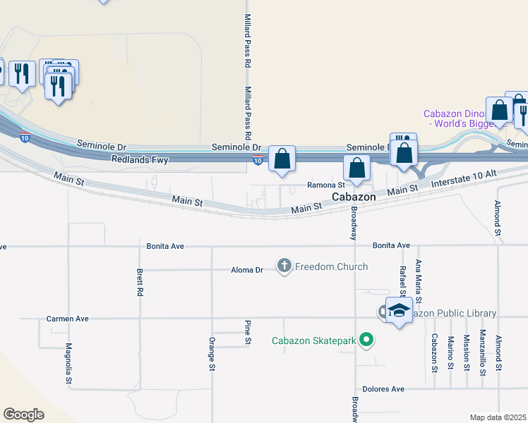 map of restaurants, bars, coffee shops, grocery stores, and more near 50044 Main Street in Cabazon