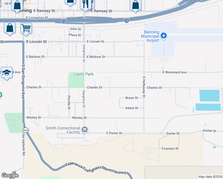 map of restaurants, bars, coffee shops, grocery stores, and more near 1200 Charles Street in Banning