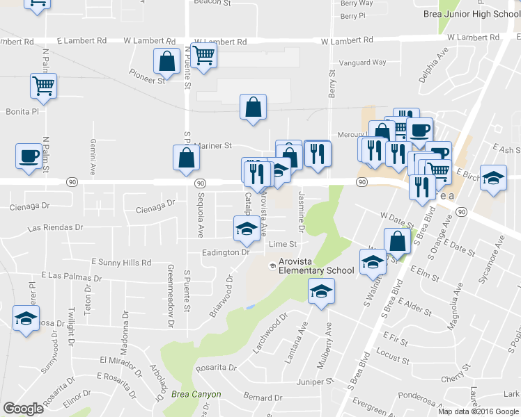map of restaurants, bars, coffee shops, grocery stores, and more near 324 Arovista Avenue in Brea