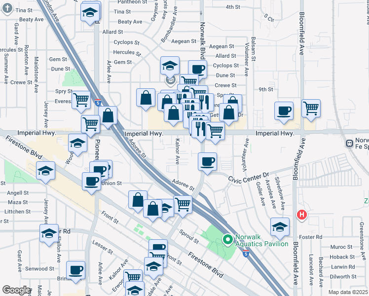 map of restaurants, bars, coffee shops, grocery stores, and more near 12116 Imperial Highway in Norwalk