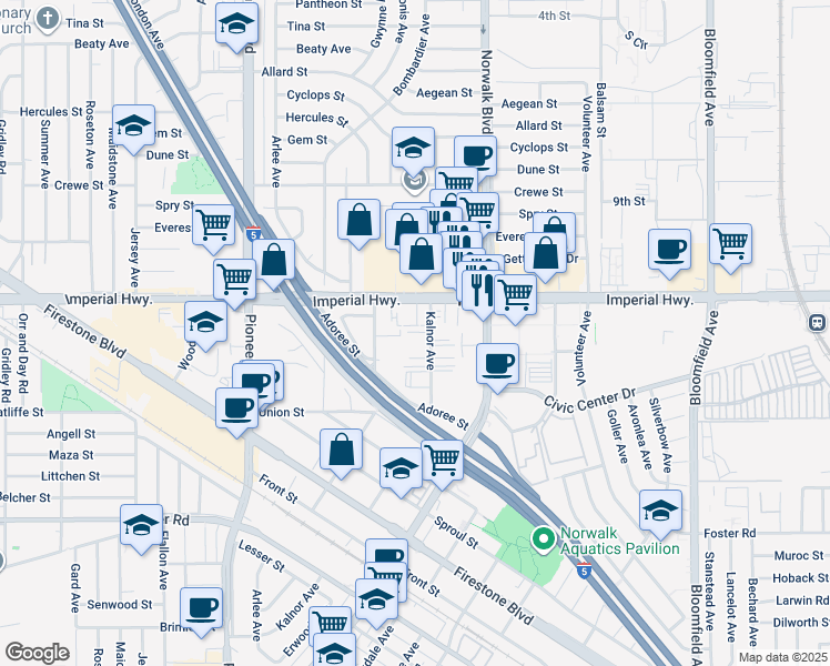 map of restaurants, bars, coffee shops, grocery stores, and more near 12038 Imperial Highway in Norwalk