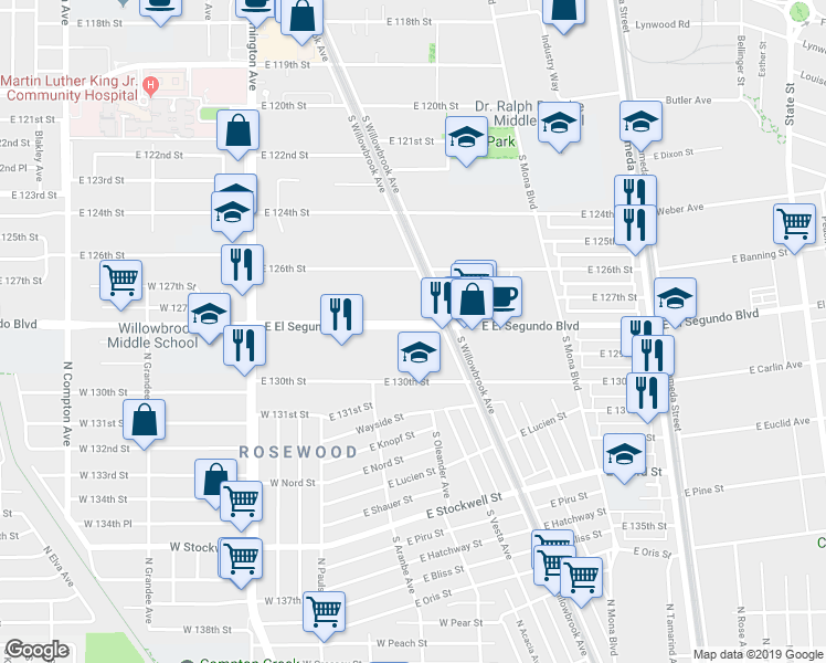 map of restaurants, bars, coffee shops, grocery stores, and more near 2234 East El Segundo Boulevard in Compton