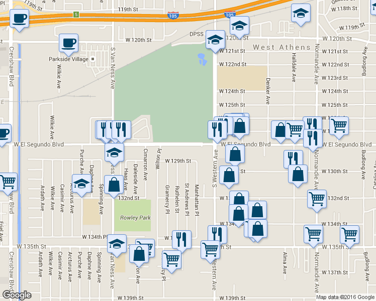 map of restaurants, bars, coffee shops, grocery stores, and more near 1830 West El Segundo Boulevard in Gardena