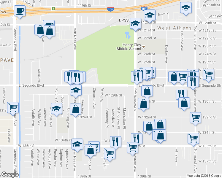 map of restaurants, bars, coffee shops, grocery stores, and more near 1922 West El Segundo Boulevard in Gardena