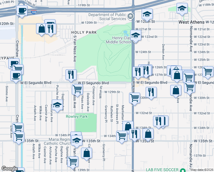 map of restaurants, bars, coffee shops, grocery stores, and more near 1922 West El Segundo Boulevard in Gardena
