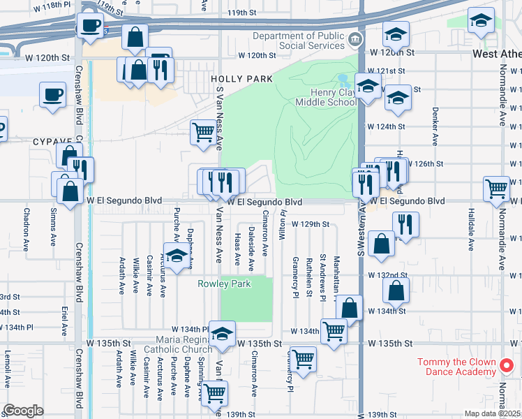 map of restaurants, bars, coffee shops, grocery stores, and more near 2058 Saint Andrews Way in Hawthorne