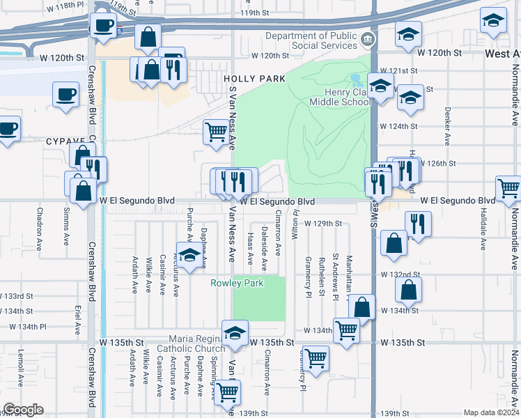 map of restaurants, bars, coffee shops, grocery stores, and more near 2058 Saint Andrews Way in Hawthorne