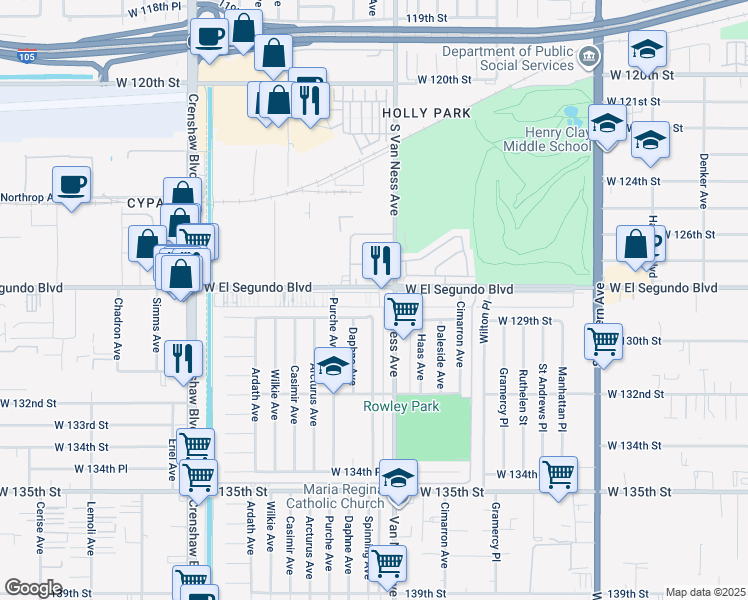 map of restaurants, bars, coffee shops, grocery stores, and more near in Gardena