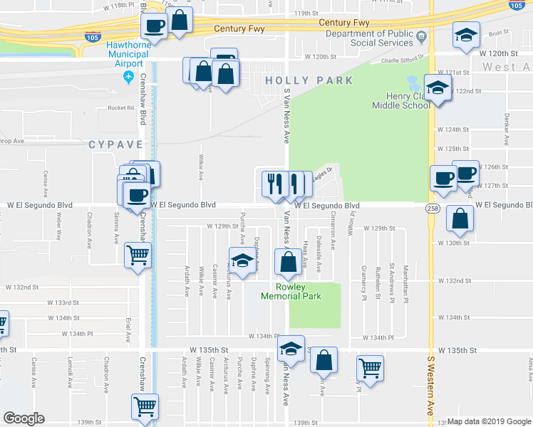 map of restaurants, bars, coffee shops, grocery stores, and more near in Gardena