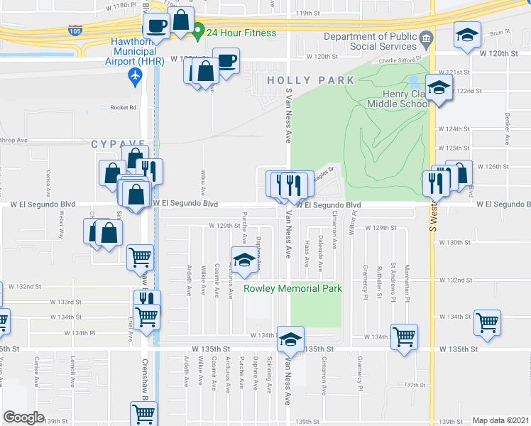 map of restaurants, bars, coffee shops, grocery stores, and more near in Gardena