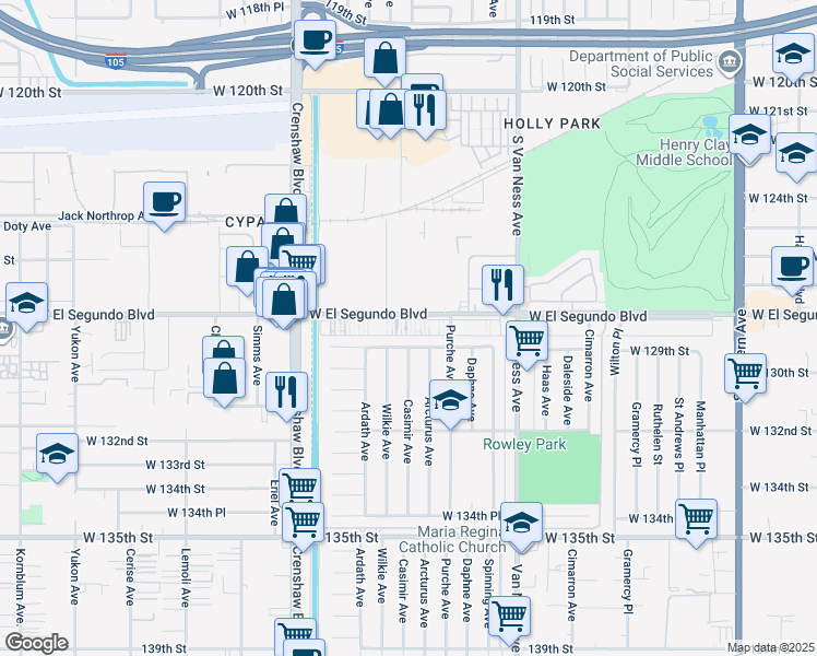 map of restaurants, bars, coffee shops, grocery stores, and more near 2604 West El Segundo Boulevard in Gardena
