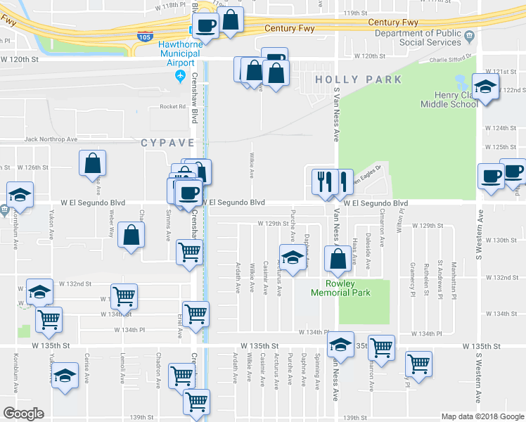 map of restaurants, bars, coffee shops, grocery stores, and more near in Hawthorne