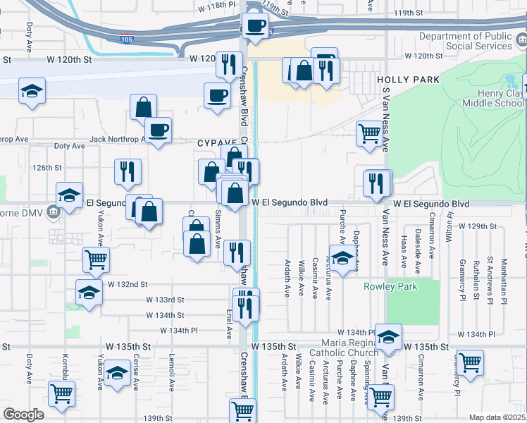 map of restaurants, bars, coffee shops, grocery stores, and more near in Gardena